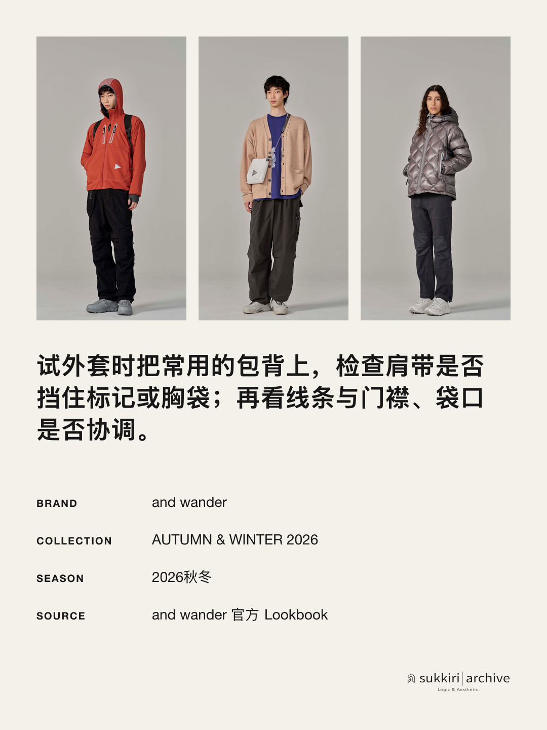 试穿检查卡:把包背上,再看小标记、袋口和门襟是否还清楚。
