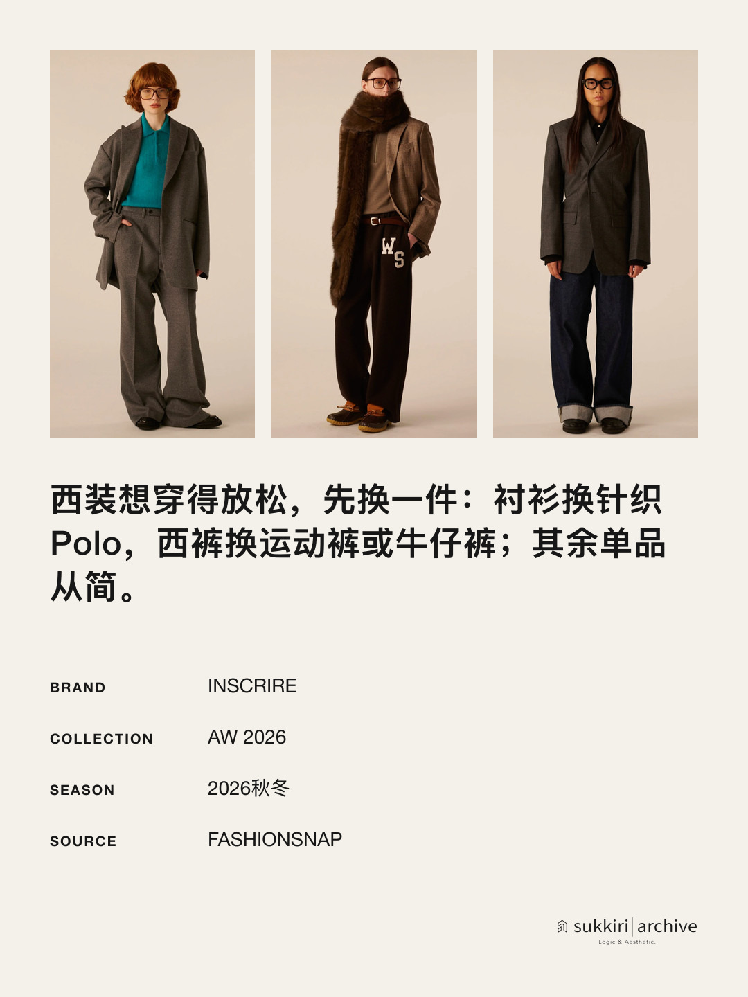 搭配检查卡：先换一件，衬衫换针织Polo，或西裤换运动裤、牛仔裤；其余从简。