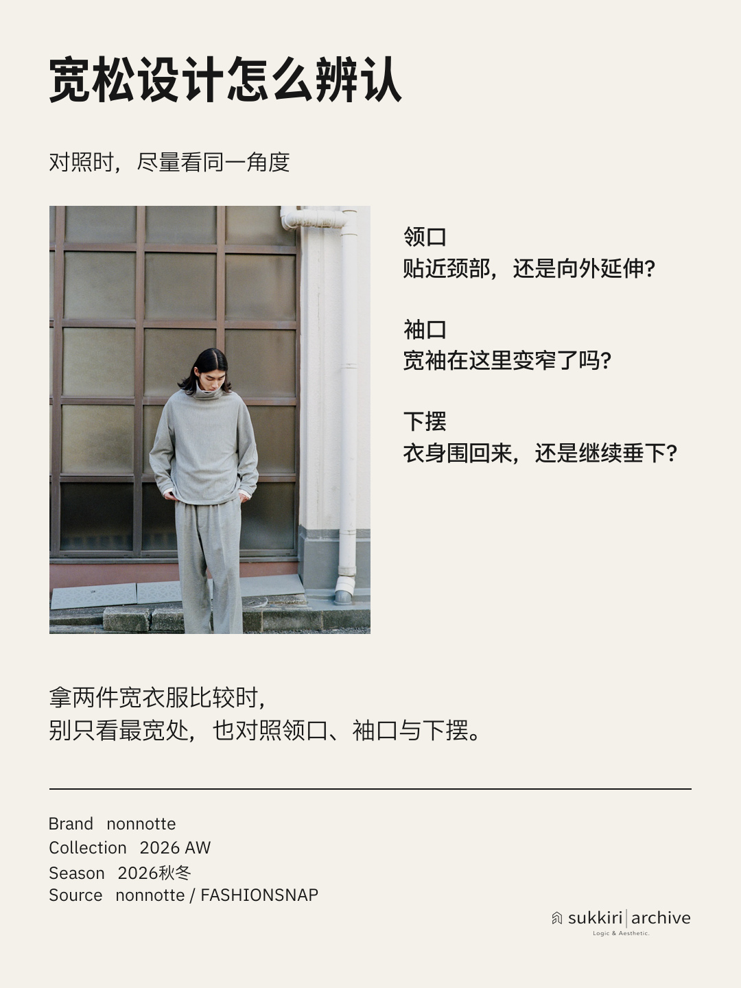 观察卡：对照领口、袖口与下摆，分清衣身在哪里放宽、在哪里停下。